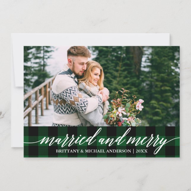 Calligraphy Green Plaid Married and Merry Wedding Holiday Card (Front)