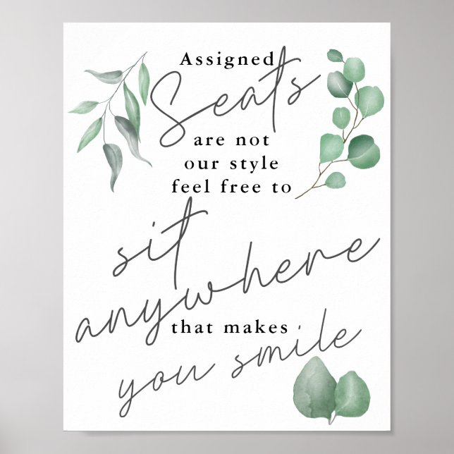 Calligraphy Greenery Sit Anywhere Wedding Sign (Front)