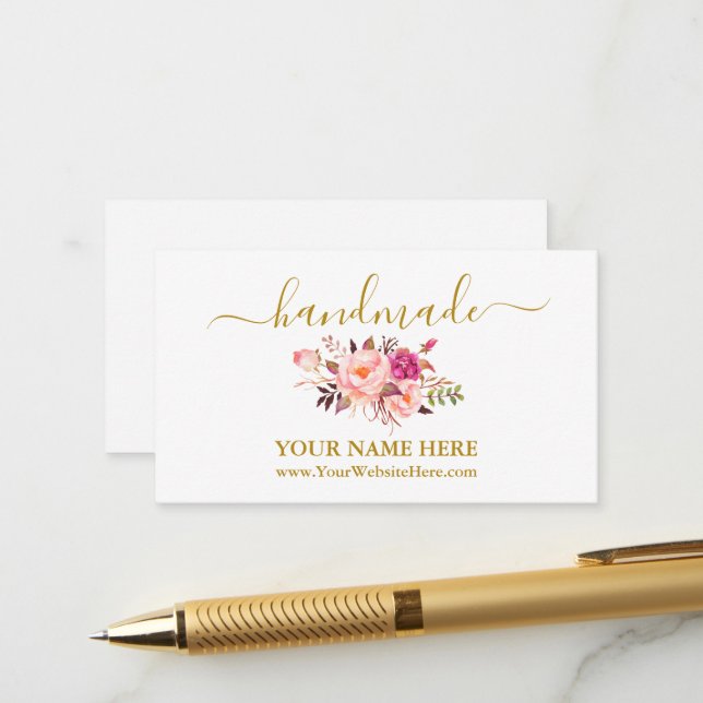 Calligraphy Handmade Watercolor Pink Floral Gold Enclosure Card (Front/Back In Situ)