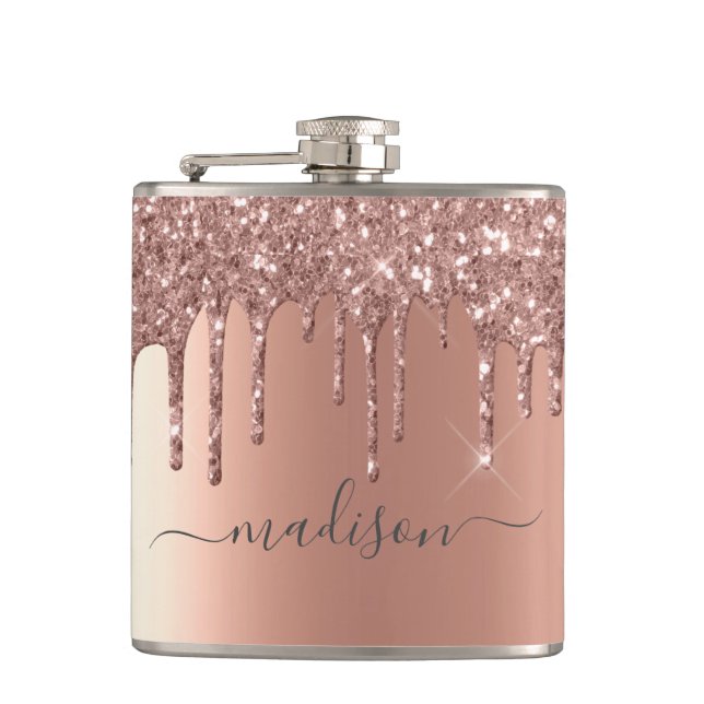 Calligraphy Handwritten Custom Rose Gold Glitter Hip Flask (Front)
