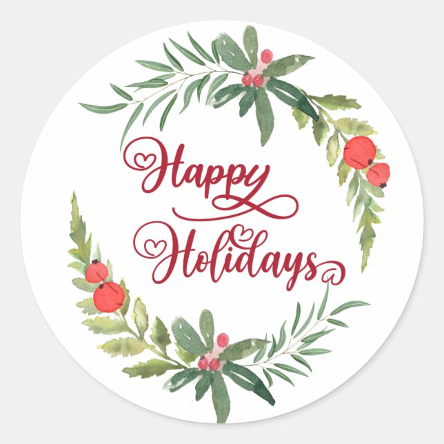 Calligraphy Happy Holidays botanical wreath Classi Classic Round Sticker (Front)