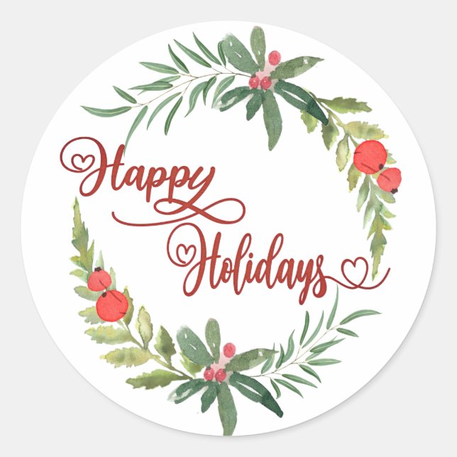 Calligraphy Happy Holidays botanical wreath Classic Round Sticker (Front)