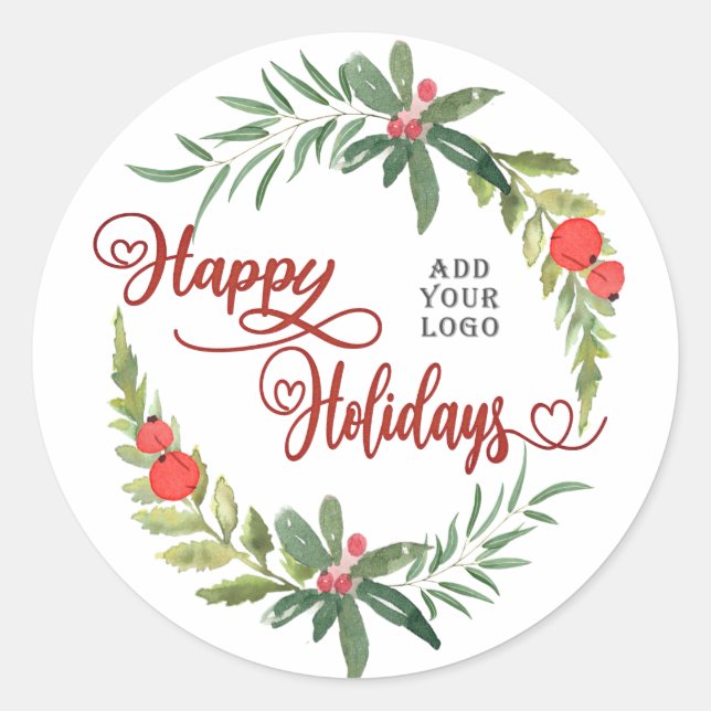 Calligraphy Happy Holidays botanical wreath logo Classic Round Sticker (Front)