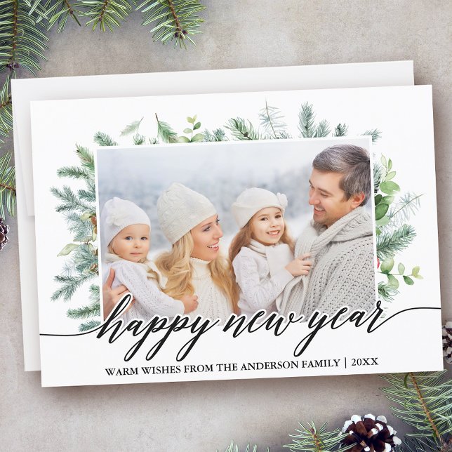 Calligraphy Happy New Year Pine Greenery Photo Holiday Card (Customize to add text to back of card.)