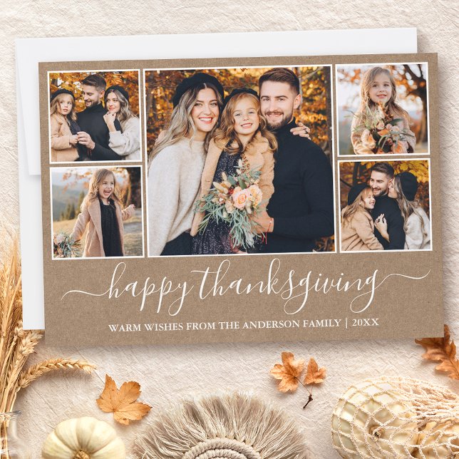 Calligraphy Happy Thanksgiving Kraft 5 Photo Holiday Card (Customize to add text to back of card.)