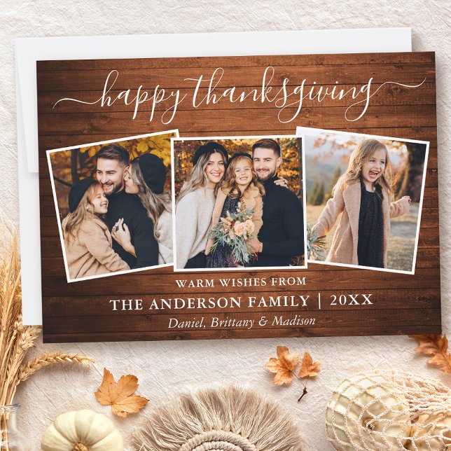 Calligraphy Happy Thanksgiving Wood 3 Photo Holiday Card (Customize to add text to back of card.)