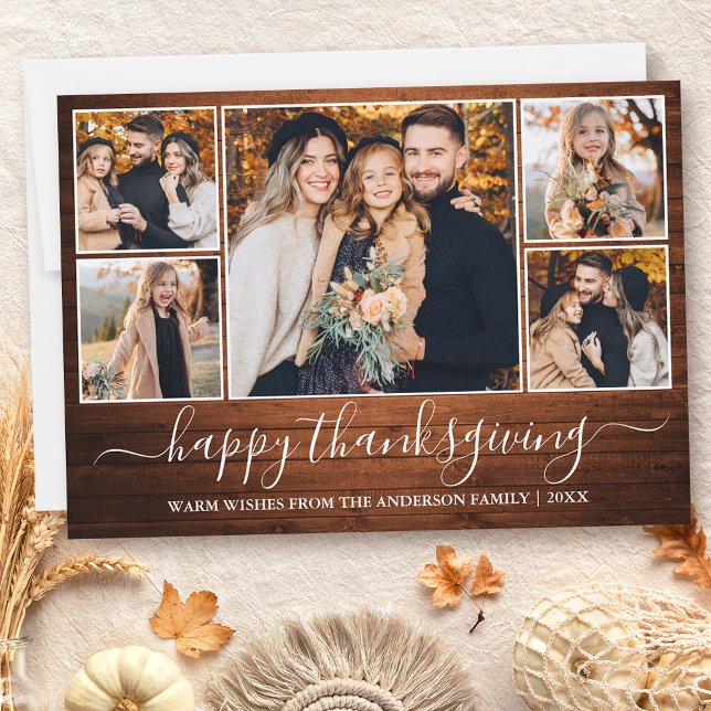 Calligraphy Happy Thanksgiving Wood 5 Photo Holiday Card (Customize to add text to back of card.)