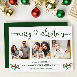 Calligraphy Heart 3 Photo Christmas Holly Gold Foil Holiday Card