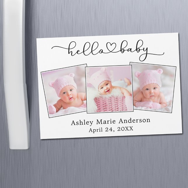 Calligraphy Heart 3 Photo Hello Baby Magnet Card (Customize to change your personalized text size or text style.)
