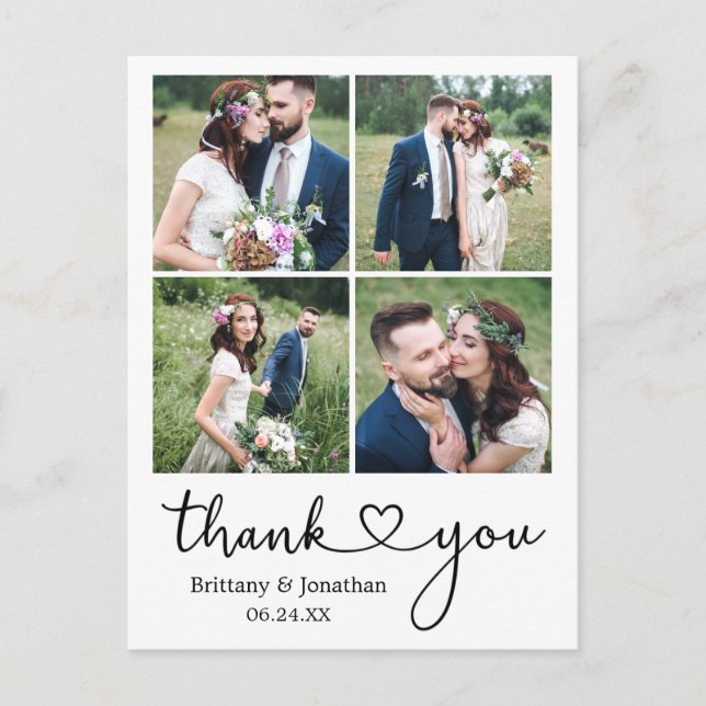 Calligraphy Heart 4 Photo Thank You Wedding  Postcard (Front)