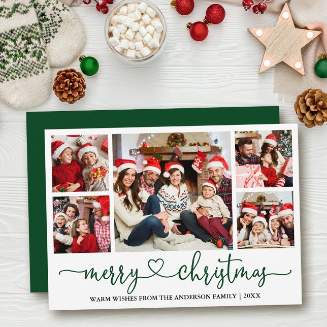Calligraphy Heart 5 Photo Christmas Green Holiday Card (Customize to add text to back of card or to change color of  back of card.)