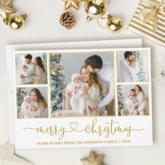 Calligraphy Heart Christmas 5 Photo Gold Frames Holiday Card (Customize to add text to back of card.)