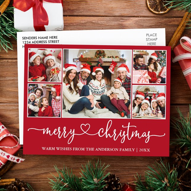 Calligraphy Heart Christmas 5 Photo Red Holiday Postcard (Customize to change your personalized text size or text style.)