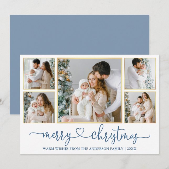 Calligraphy Heart Christmas Gold Dusty Blue Photo Holiday Card (Front/Back)