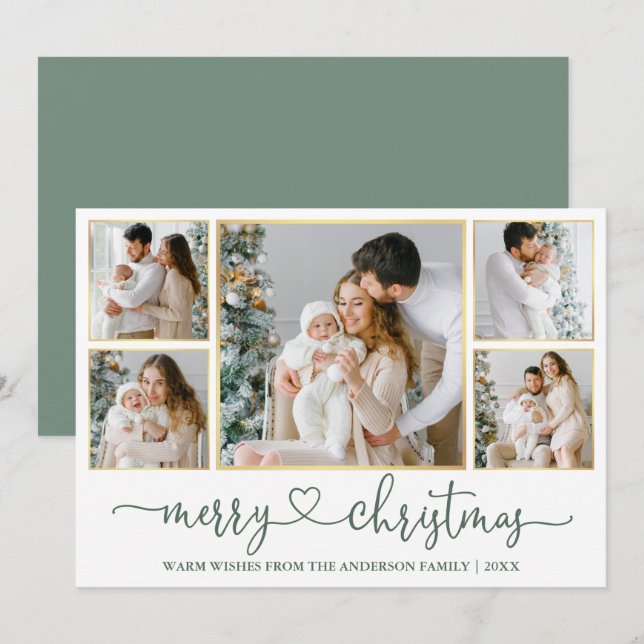 Calligraphy Heart Christmas Gold Sage Green Photo Holiday Card (Front/Back)
