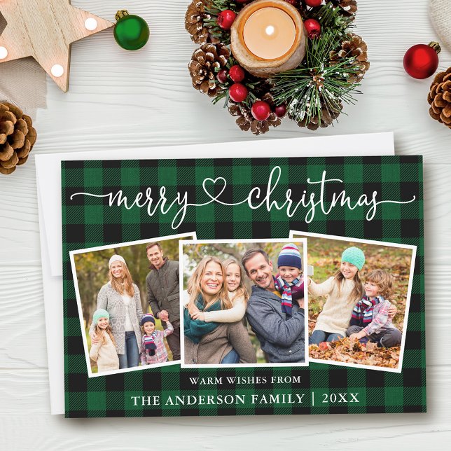 Calligraphy Heart Christmas Green Plaid 3 Photo Holiday Card (Customize to add text to back of card.)