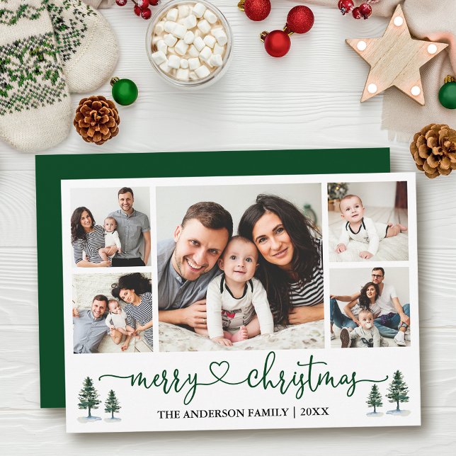 Calligraphy Heart Christmas Pines 5 Photo Green Holiday Card (Customize to add text to back of card or to change color of  back of card.)