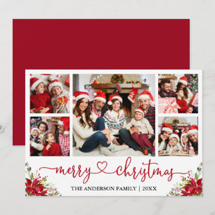 Calligraphy Heart Christmas Poinsettia 5 Photo  Holiday Card