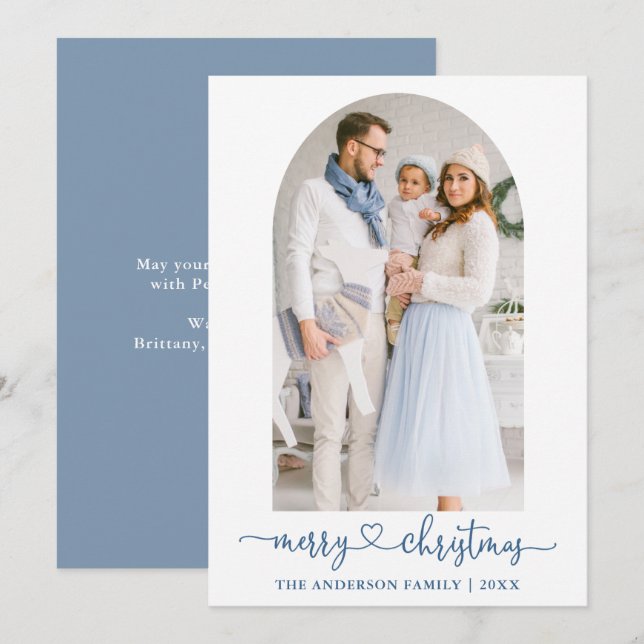 Calligraphy Heart Dusty Blue Photo Arch Christmas Holiday Card (Front/Back)