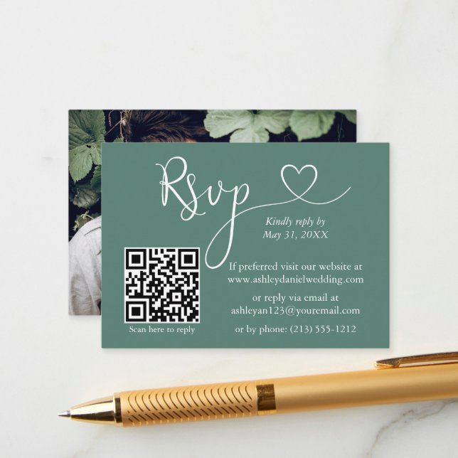 Calligraphy Heart Eucalyptus Green Wedding QR RSVP Enclosure Card (Front/Back In Situ)