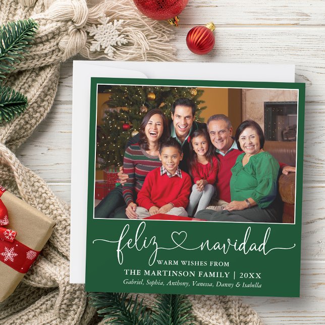 Calligraphy Heart Feliz Navidad Square Green Holiday Card (Customize to add text to back of card.)