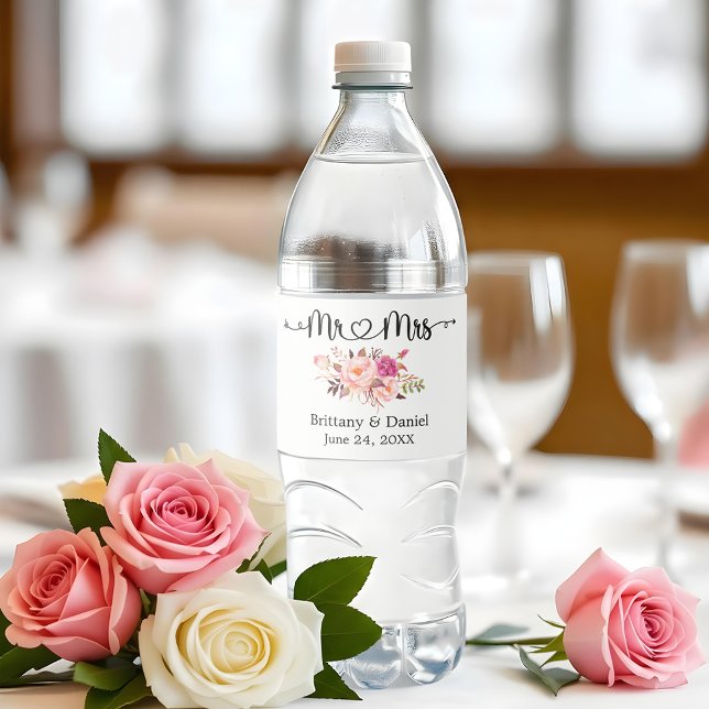 Calligraphy Heart Floral Mr. and Mrs. Wedding  Water Bottle Label (Customize to change your personalized text size or text style.)