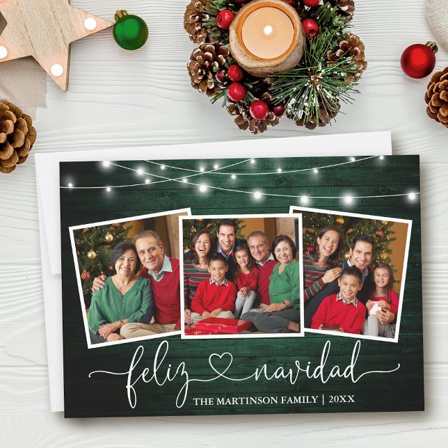 Calligraphy Heart Green Wood Lights Feliz Navidad Holiday Card (Customize to add text to back of card.)