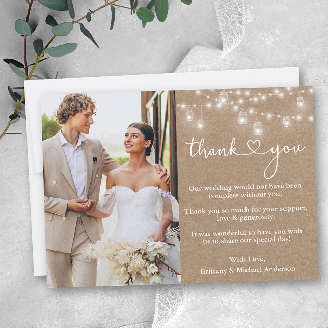 Calligraphy Heart Jar Lights Wedding Kraft Thank You Card (Customize to add more text or photos to back of card.)