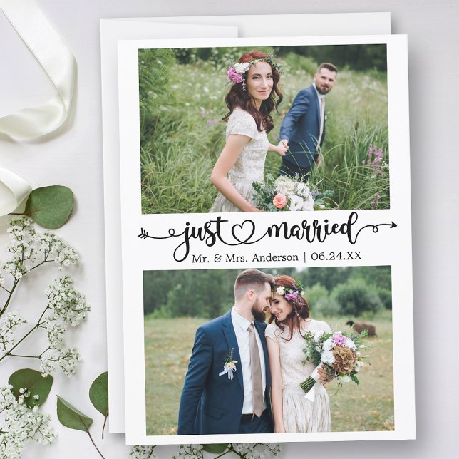 Calligraphy Heart Just Married 2 Photo Wedding Announcement (Customize to change your personalized text size, text style or to add text to back of card.)