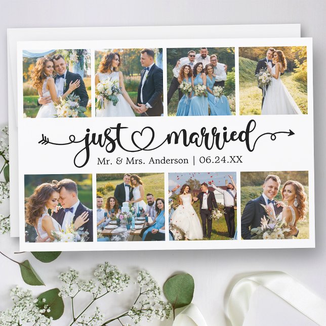 Calligraphy Heart Just Married 8 Photo Wedding Announcement (Customize to change your personalized text size, text style or to add text to back of card.)
