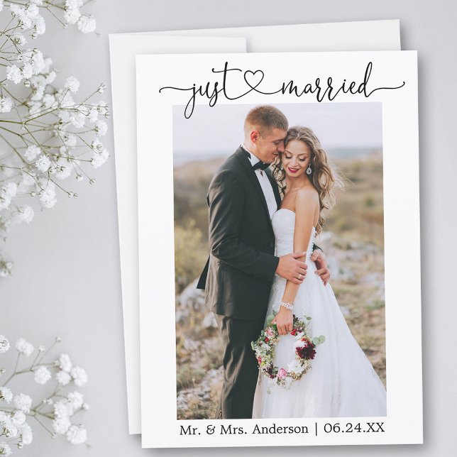 Calligraphy Heart Just Married Photo Wedding Announcement (Customize to add text or more photos to back of card.)