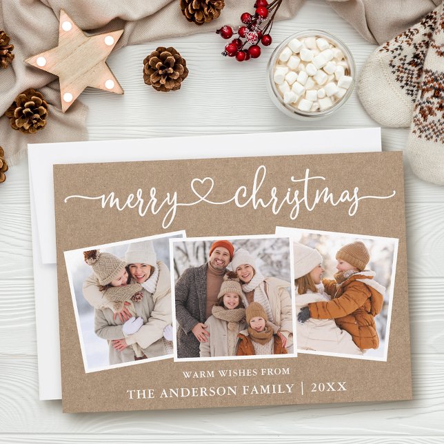Calligraphy Heart Merry Christmas Kraft 3 Photo Holiday Card (Customize to add text to back of card.)