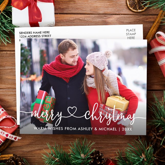Calligraphy Heart Merry Christmas Photo Holiday Postcard (Customize to change your personalized text size or text style.)