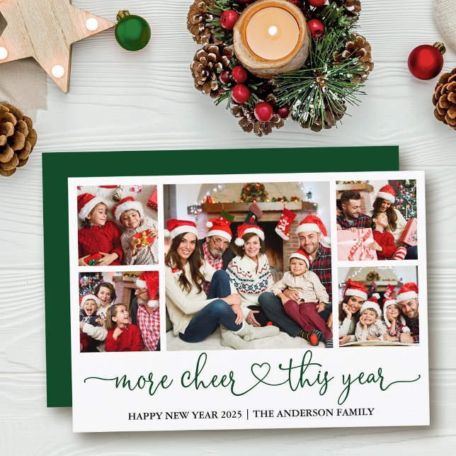 Calligraphy Heart More Cheer 5 Photo Green Holiday Card (Customize to add text to back of card or to change color of  back of card.)