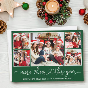 Calligraphy Heart More Cheer Green 5 Photo Holiday Card