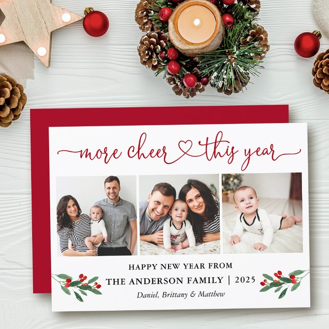 Calligraphy Heart More Cheer Holly 3 Photo Red Holiday Card (Customize to add text to back of card.)