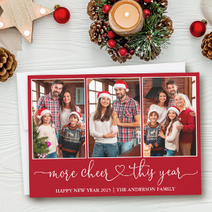Calligraphy Heart More Cheer Red 3 Photo Holiday Card