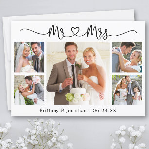 Calligraphy Heart Mr. and Mrs. 5 Photo Wedding Thank You Card