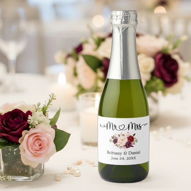 Calligraphy Heart Mr. and Mrs. Floral Wedding Mini Sparkling Wine Label (Customize to change your personalized text size or text style.)