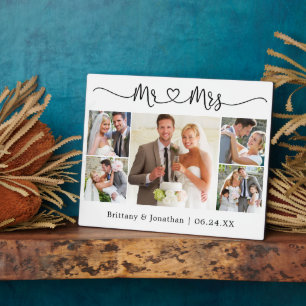 Calligraphy Heart Mr. and Mrs. Wedding 5 Photo Plaque