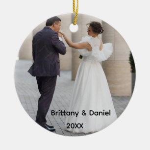Calligraphy Heart Mr. and Mrs. Wedding Photo Ceramic Ornament