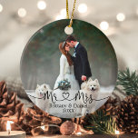 Calligraphy Heart Mr. and Mrs. Wedding Photo Ceramic Ornament<br><div class="desc">Modern Minimalist Simple Calligraphy Script Mr. and Mrs. Heart Bride and Groom Wedding Photo Ornament</div>