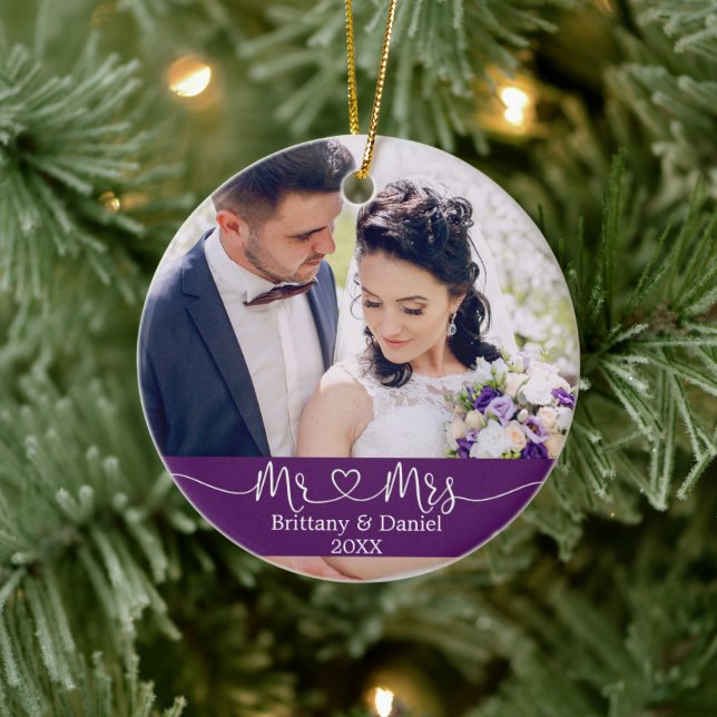 Calligraphy Heart Mr. and Mrs. Wedding Purple Ceramic Ornament (Tree)