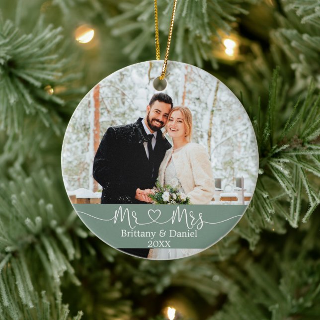 Calligraphy Heart Mr. and Mrs. Wedding Sage Green Ceramic Ornament (Tree)