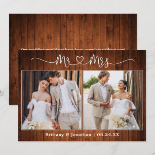 Calligraphy Heart Mr. Mrs. 2 Photo Wedding Wood Thank You Card
