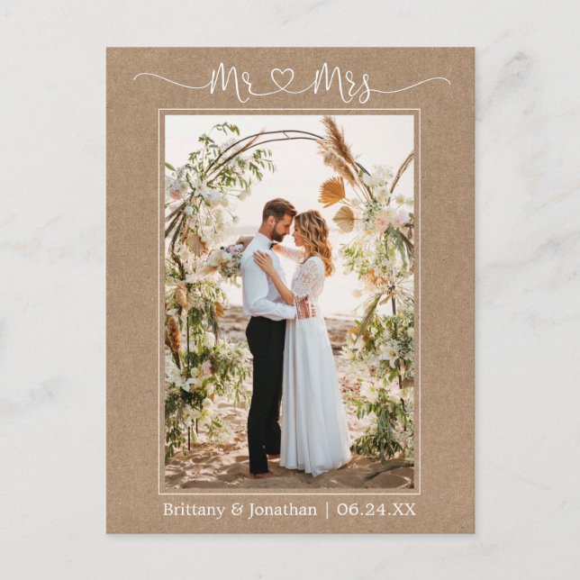 Calligraphy Heart Mr. Mrs. Photo Kraft Thank You Postcard (Front)