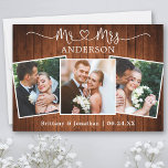 Calligraphy Heart Mr. Mrs. Wedding 3 Photos Wood Thank You Card<br><div class="desc">Modern Minimalist Simple Calligraphy Script Mr. and Mrs. Heart Wedding Bride and Groom 3 Photo Thank You Card - Rustic Country Wood</div>