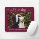 Calligraphy Heart Mr. Mrs. Wedding Burgundy Mouse Pad<br><div class="desc">Modern Minimalist Simple Calligraphy Script Mr. and Mrs. Heart Wedding Bride and Groom Photo Mouse Pad - Burgundy</div>