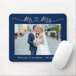 Calligraphy Heart Mr. Mrs. Wedding Navy Blue Mouse Pad<br><div class="desc">Modern Minimalist Simple Calligraphy Script Mr. and Mrs. Heart Wedding Bride and Groom Photo Mouse Pad - Navy Blue</div>
