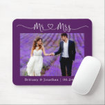 Calligraphy Heart Mr. Mrs. Wedding Purple Mouse Pad<br><div class="desc">Modern Minimalist Simple Calligraphy Script Mr. and Mrs. Heart Wedding Bride and Groom Photo Mouse Pad - Purple</div>